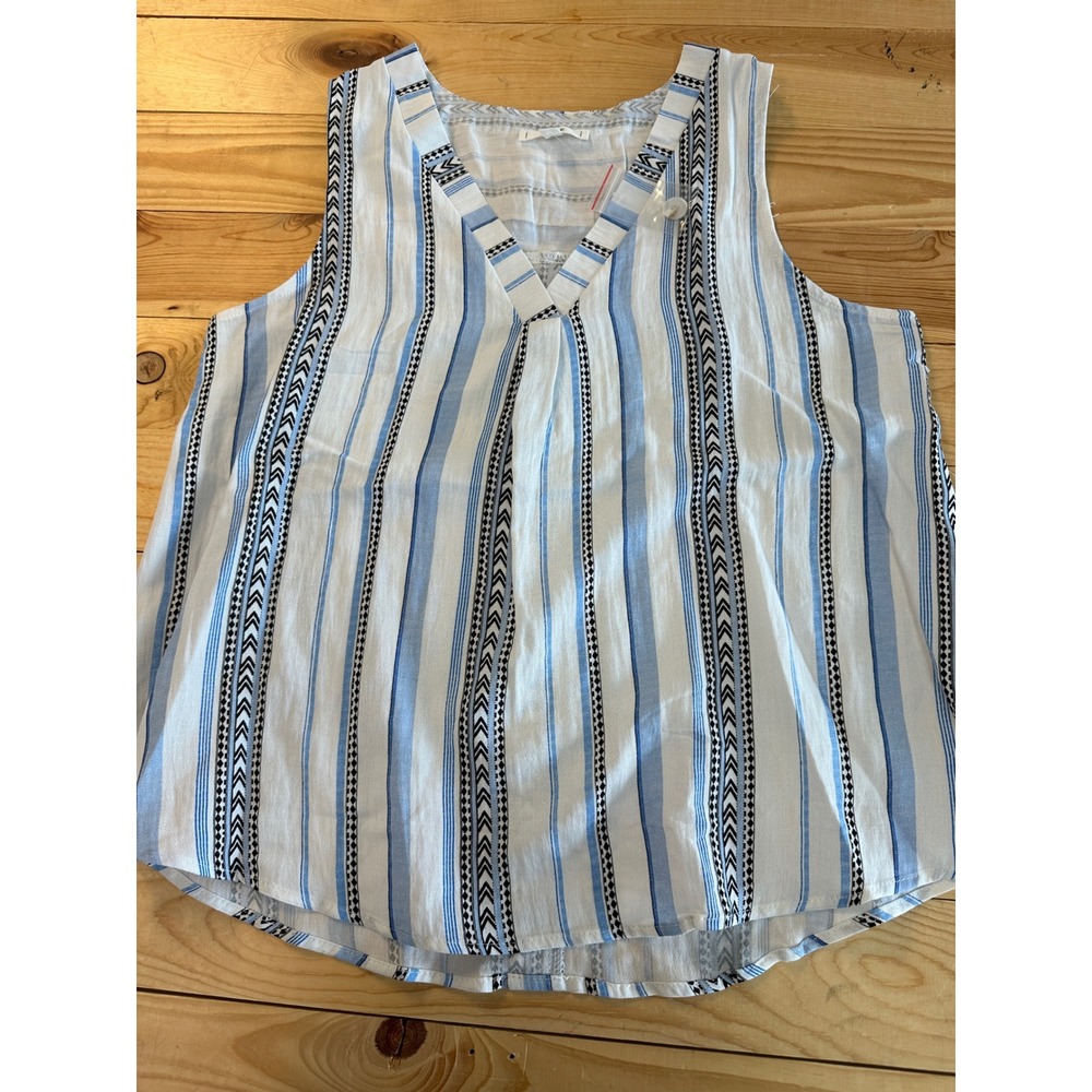 MINE Womens Sleeveless V-Neck Tank Top‎ Blue White Striped Tribal Print L